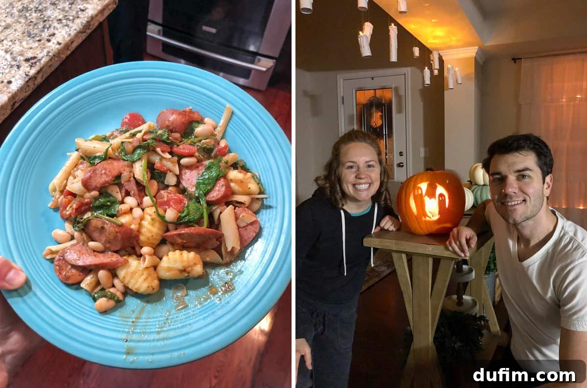 A hearty one-skillet sausage, white bean, and gnocchi dish. Second image shows a cute ghost-shaped pumpkin decoration.