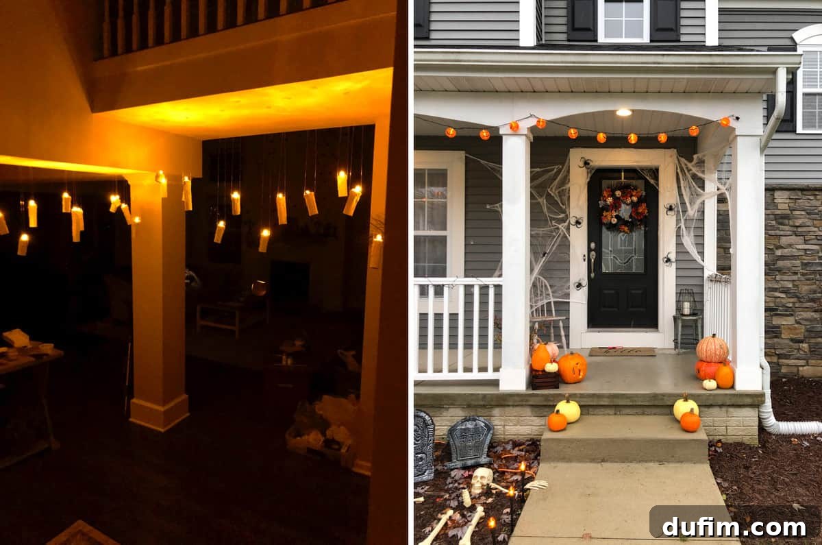 Handmade floating candles glowing eerily at night, creating a spooky atmosphere. Second image shows a charming Halloween-decorated front porch before snowfall.