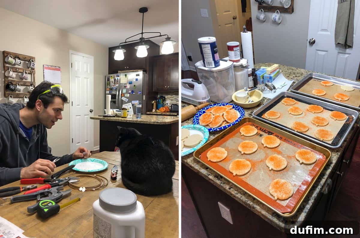A small dog (Salsa) intently watching Ryan fix a bracelet on a cluttered table with various tools. Second image shows ingredients and mixing bowls, indicating the start of a baking project.