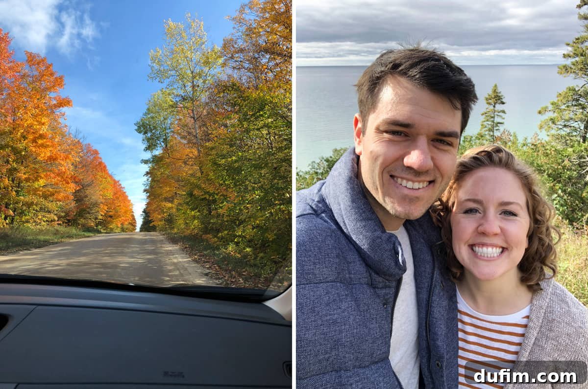 A winding road through a forest with vibrant fall foliage, showcasing the 'Tunnel of Trees' in Michigan. Second image shows a couple enjoying the scenic drive.