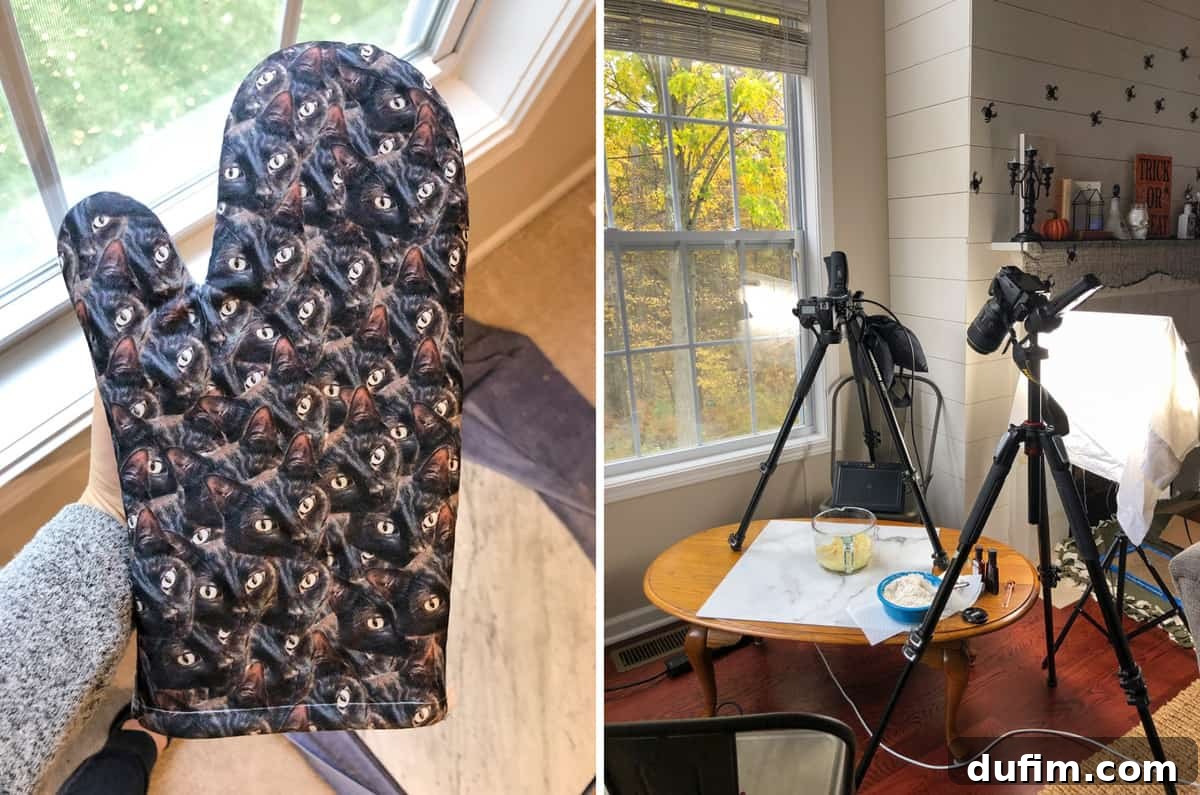 A custom oven mitt featuring a cute dog's face (Salsa). Second image shows a well-lit corner with windows, set up for food video filming.