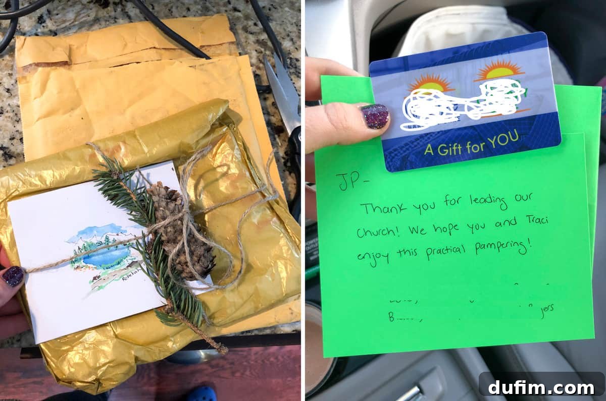 A thoughtful gift package from a follower. Second image shows a gift card and a small thank you note for a pastor and his wife.
