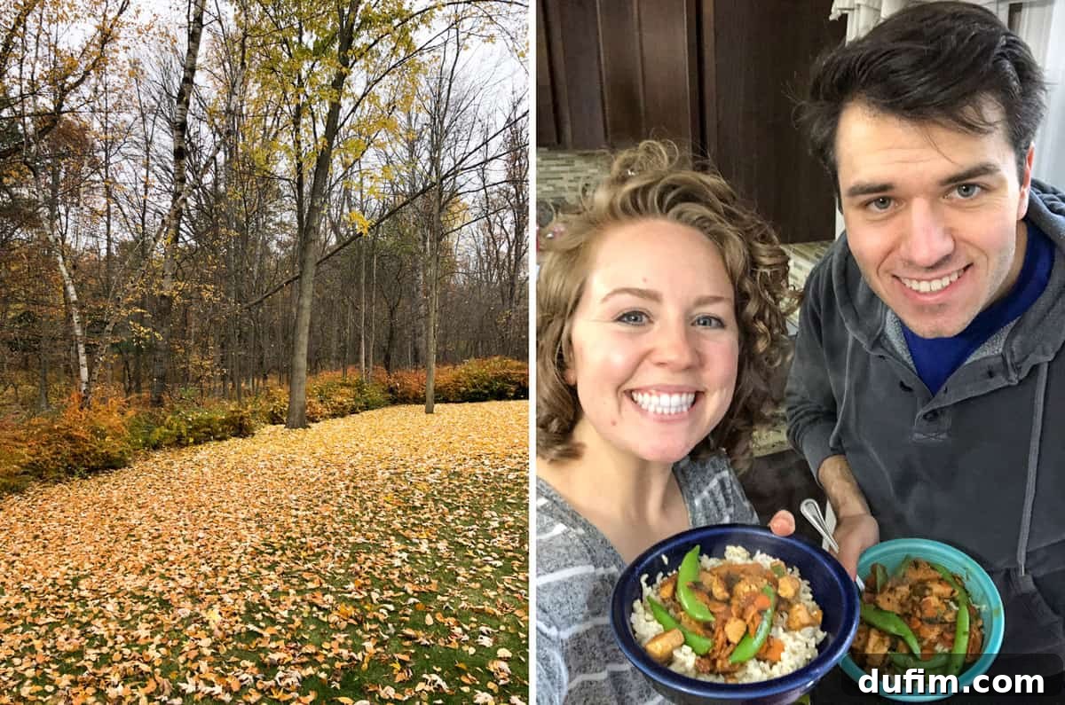 A backyard covered in a blanket of beautiful yellow fall leaves. Second image shows a delicious ginger chicken stir-fry with cauliflower rice.