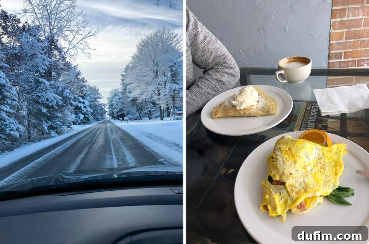 Early November snowstorm scene and a delightful breakfast at a local crepe restaurant, featuring mixed berry and omelet crepes.