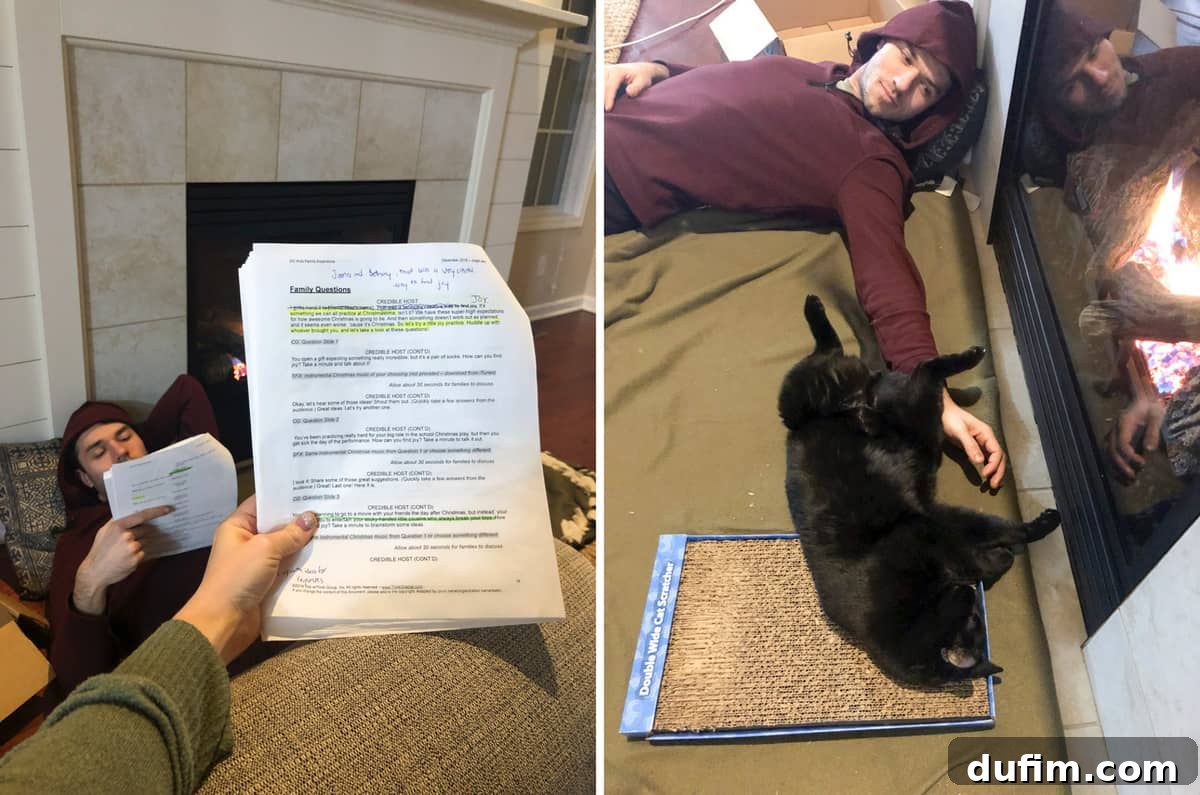 Ryan and the author practicing lines for the Jingle Jam Christmas show at church; Ryan relaxing on the couch with his dog, Salsa.