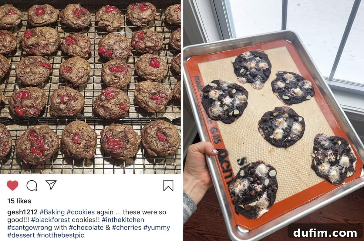 A friend's perfectly baked Black Forest Cookies shared on Instagram, contrasted with a batch of unsuccessful Rocky Road Cookies showing a baking fail.