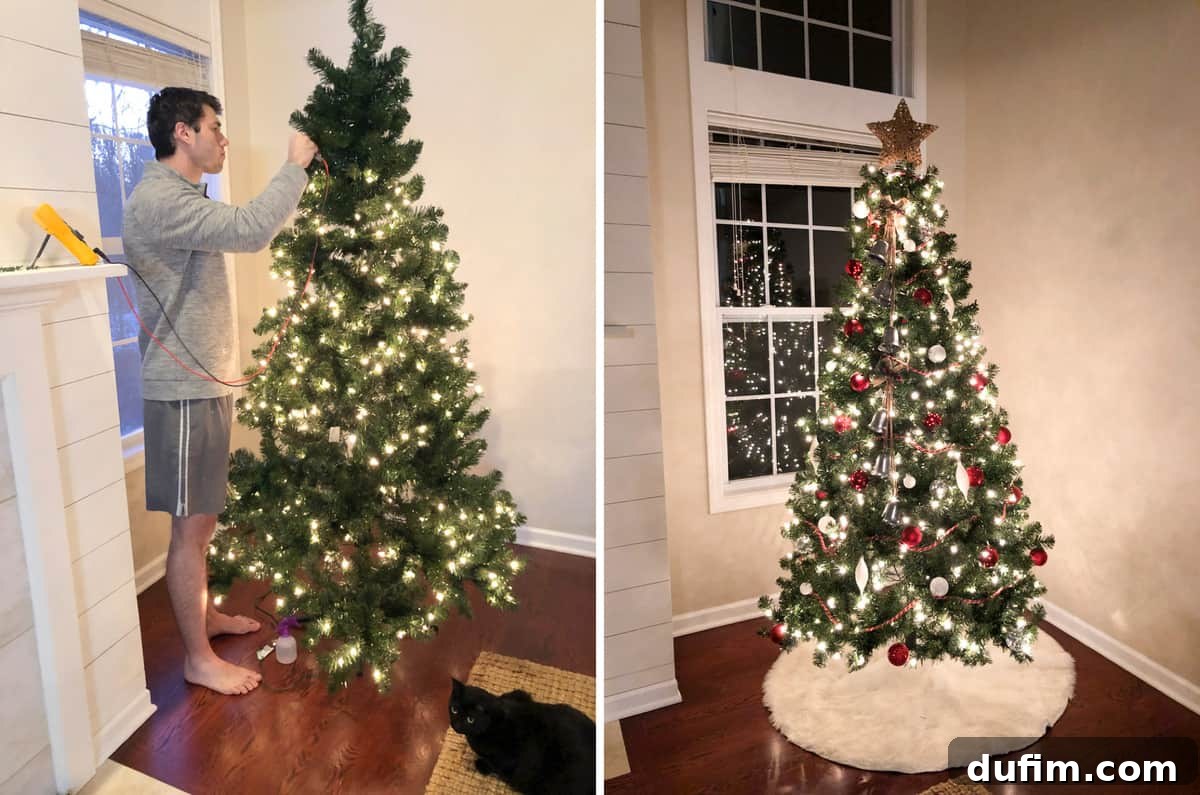 The process of decorating the Christmas tree, including close-up on fixing burnt-out bulbs, and the final beautifully lit and decorated Christmas tree.