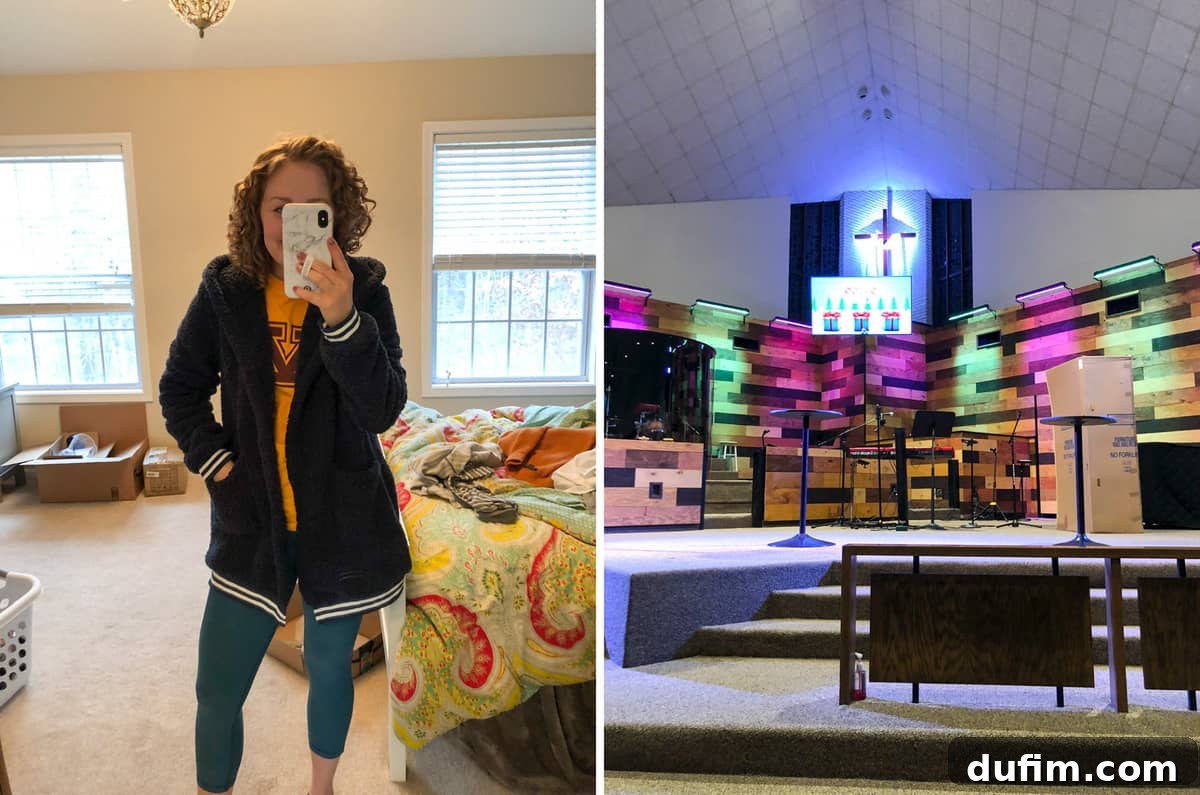Author wearing a soft sherpa house coat while comfortably working from home, and Ryan enthusiastically practicing lines for Jingle Jam at church.