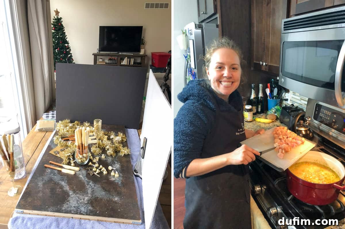 Author meticulously preparing and photographing New Year's Eve recipes in the kitchen, and a bubbling one-pot chicken and rice dish cooking on the stove.
