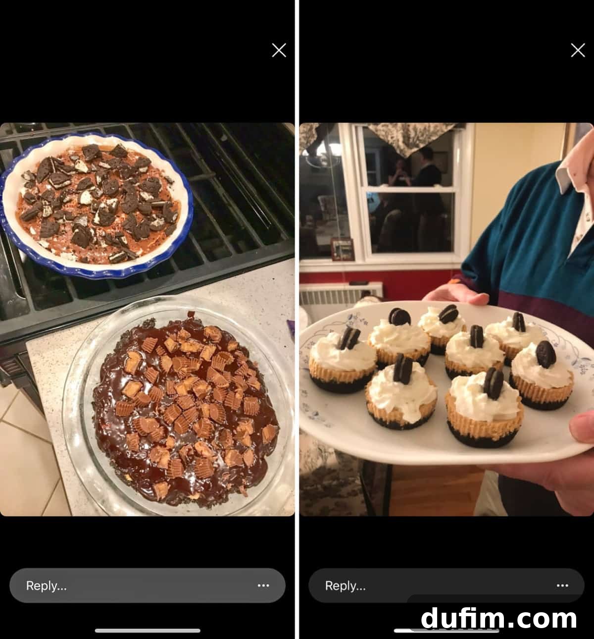 A collage of reader-submitted Thanksgiving desserts featuring No-Bake Oreo Pie, Reese's Pie, and Mini Pumpkin Cheesecakes.