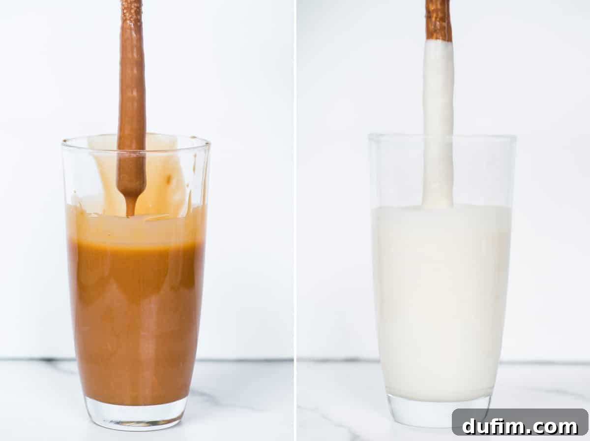 Step-by-step collage showing how to perfectly dip pretzel rods in melted caramel, followed by dipping in smooth white chocolate for New Year's Eve treats.