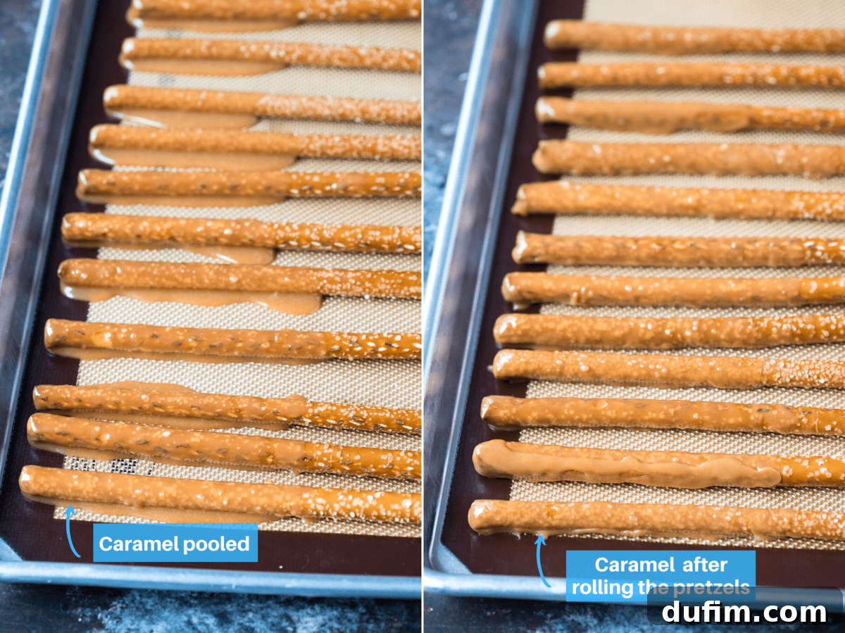Before and after collage showing caramel-dipped pretzel rods: one with pooled caramel at the base and another perfectly rounded after shaping, demonstrating a common troubleshooting fix.