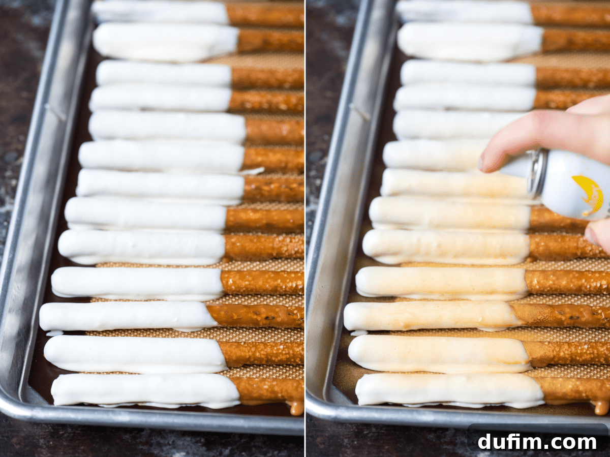 Collage showing white chocolate dipped pretzel rods setting on a baking sheet, followed by a close-up of pretzel rods being sprayed with edible gold color mist.