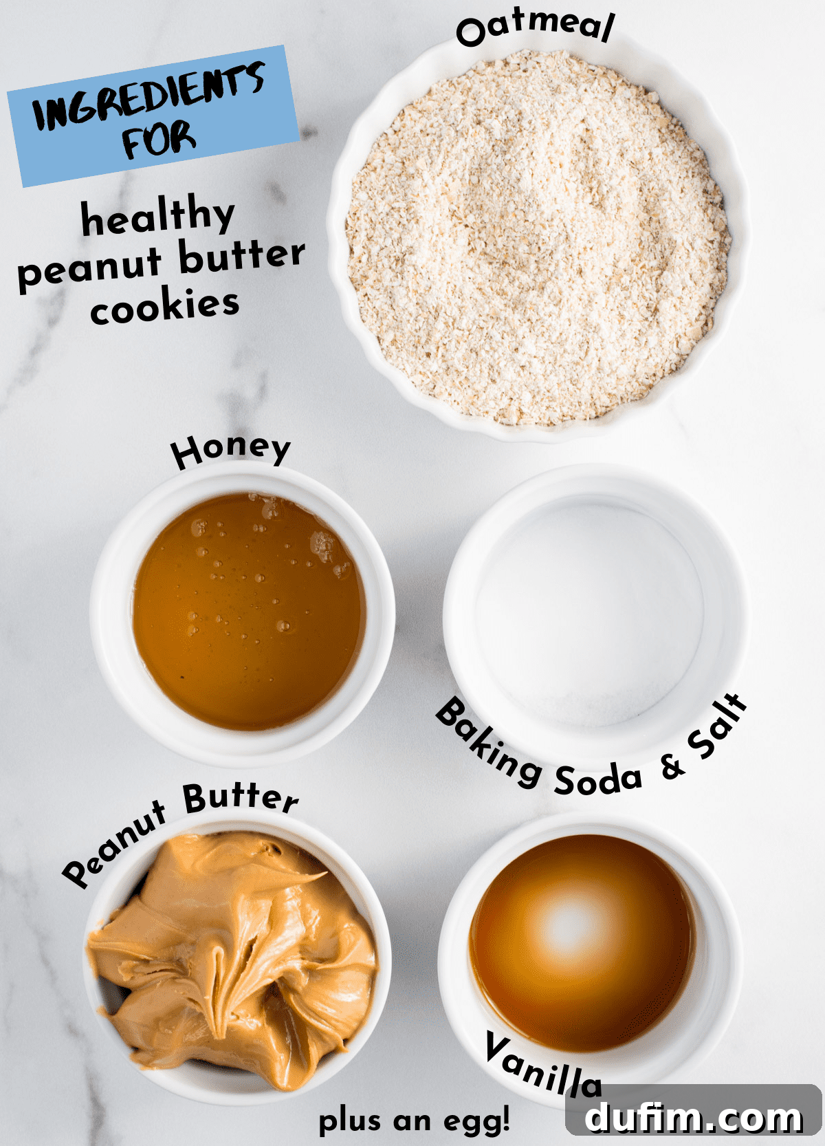 Guilt-Free Peanut Butter Oatmeal Treats 3 Individual ingredients for healthy peanut butter cookies laid out on a white background: quick cooking oats, creamy peanut butter, baking soda, salt, vanilla extract, honey, and an egg.
