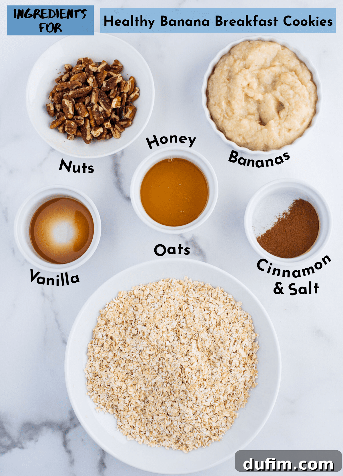 Various ingredients for healthy banana cookies neatly arranged in white containers with text overlay