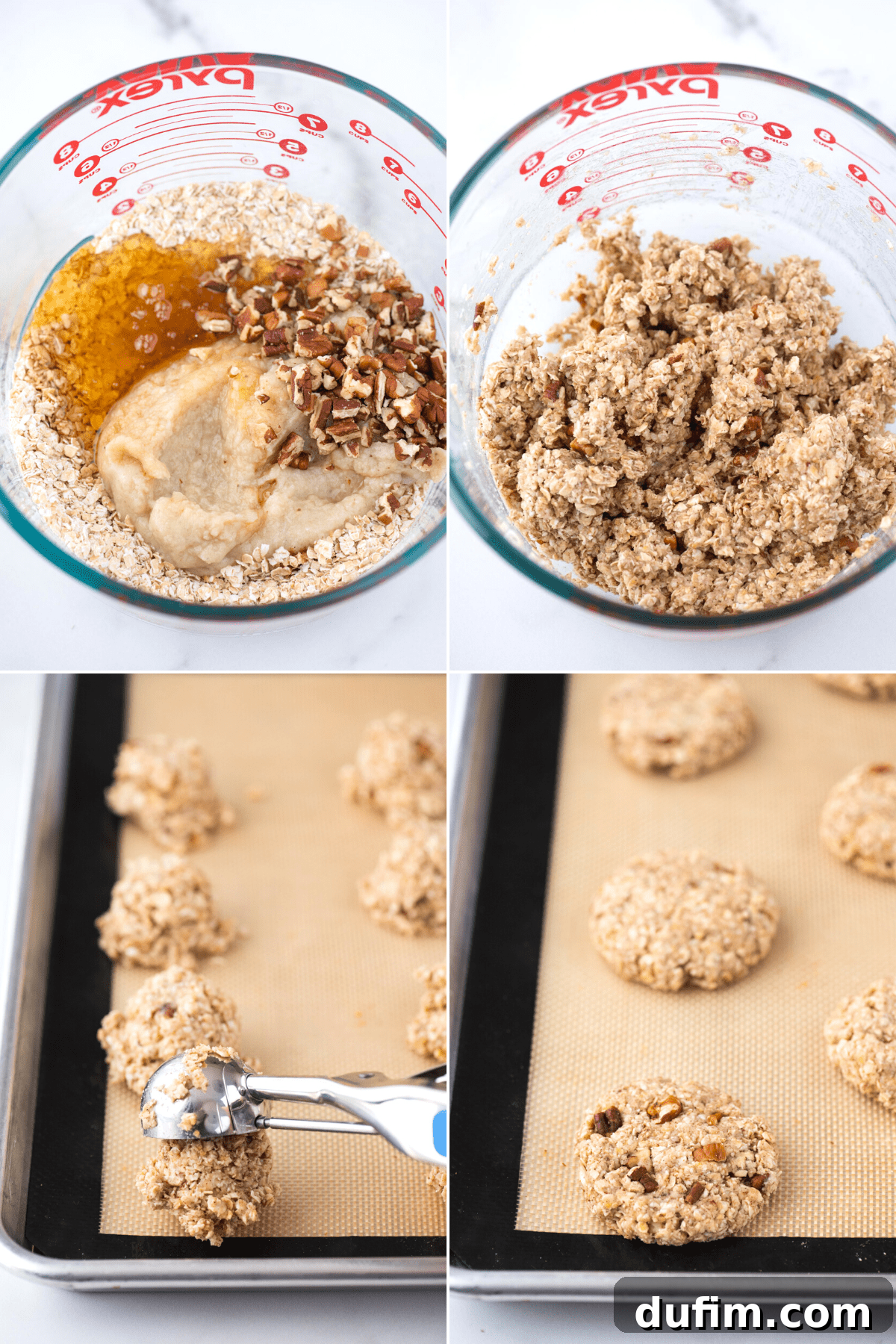A collage showing the step-by-step process of making healthy banana breakfast cookies