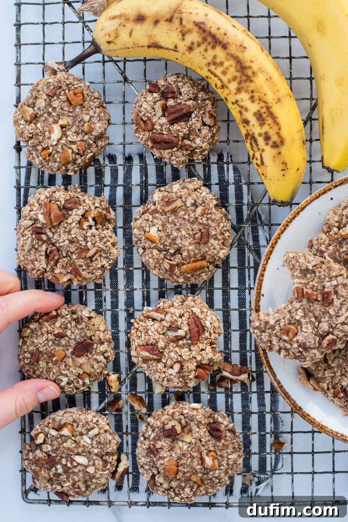Aerial shot of baked banana breakfast cookies cooling on a wire rack