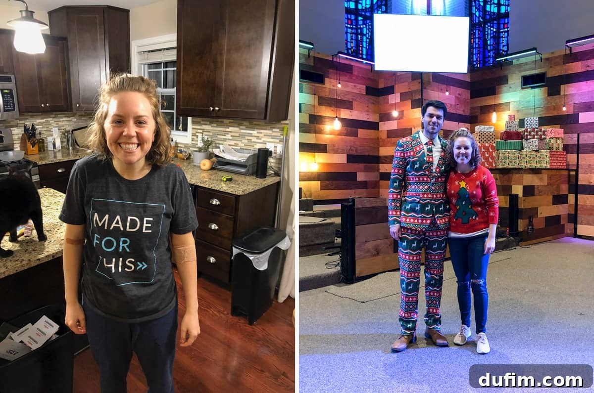 Me looking relieved after a brain MRI, and Ryan and I hosting the Jingle Jam Christmas show for church