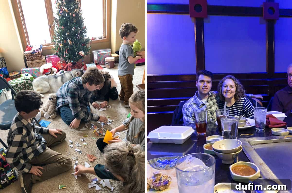 Nieces and nephews assembling a puzzle to reveal their experience gift, and our family enjoying hibachi dinner on Christmas Eve