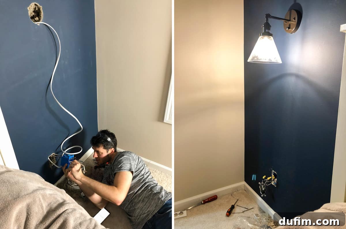 Newly installed wall sconces in our bedroom, adding elegance and ambient lighting