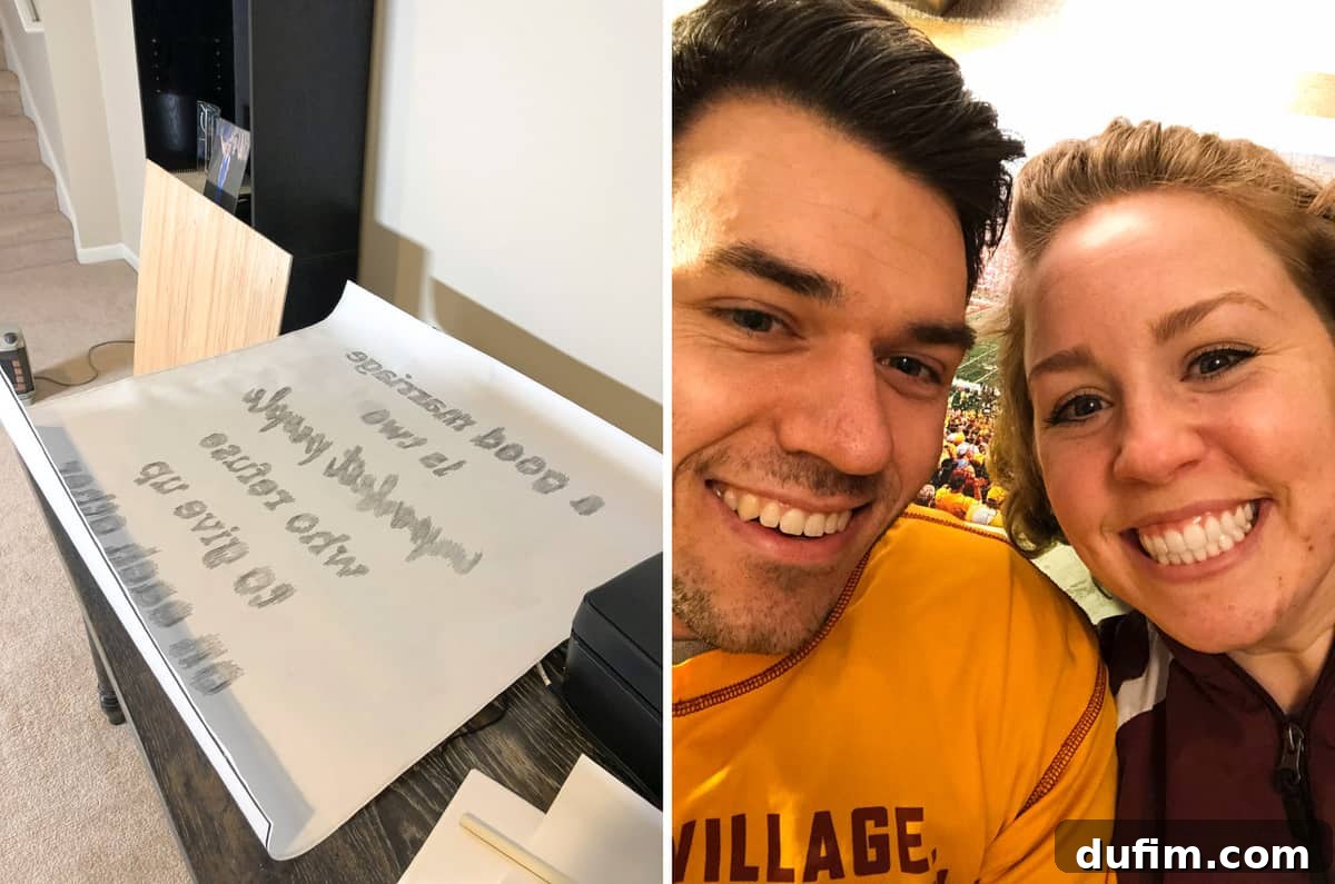 Me working on a wooden sign for our bedroom, and Ryan and I posing playfully in front of our completed University of Minnesota stadium puzzle