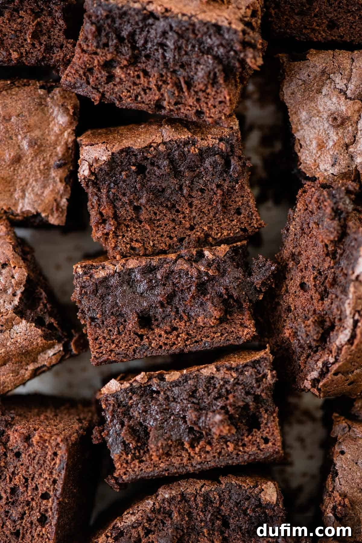 Numerous perfectly cut brownie squares arranged neatly on their sides in a grid pattern, highlighting their uniform size and rich color.