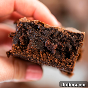 A close-up of a hand holding a thick, fudgy chocolate brownie with a slightly crumbly top and rich, moist texture, perfect for any occasion.