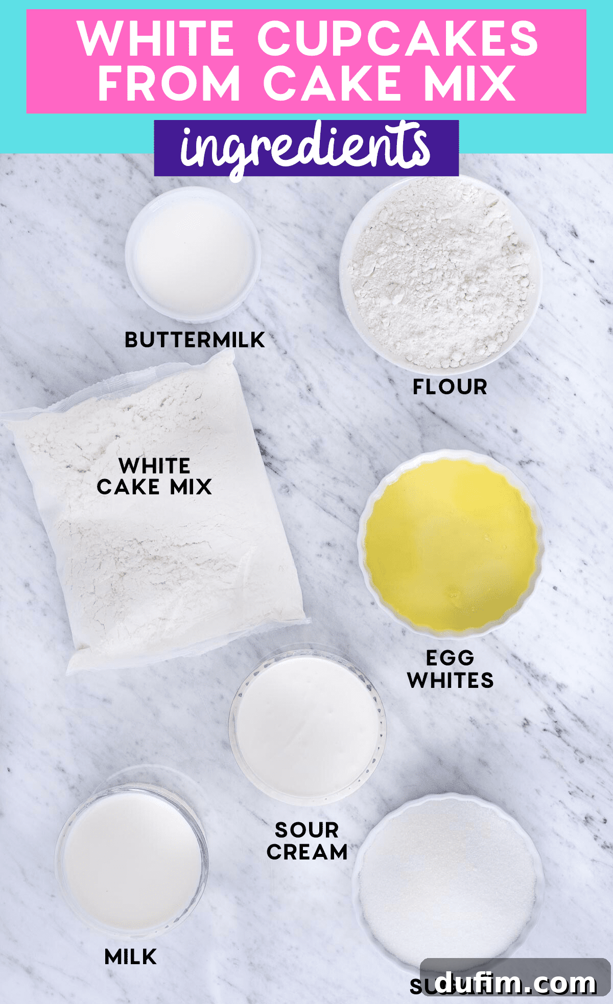 Deliciously Simple White Cupcakes 3 ingredients to make easy vanilla cupcakes on white marble background