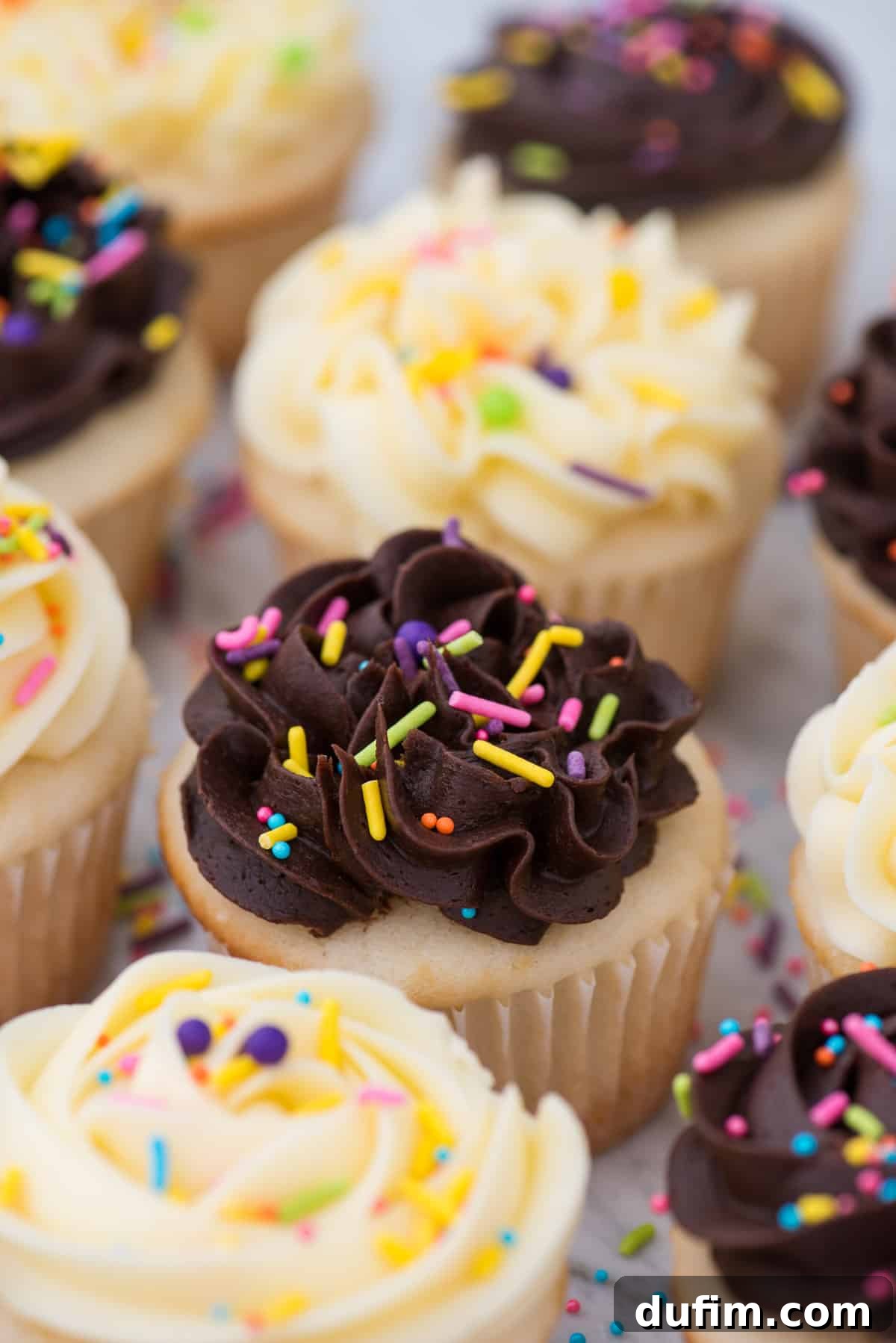 Deliciously Simple White Cupcakes 4 easy white cupcakes in a row with chocolate or vanilla frosting with colorful sprinkles