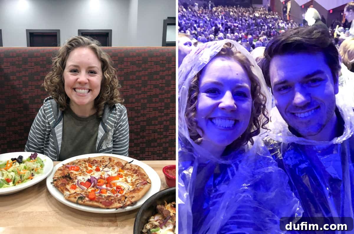 A couple wearing ponchos, excited to watch the Blue Man Group show from the front row, highlighting a fun date night.
