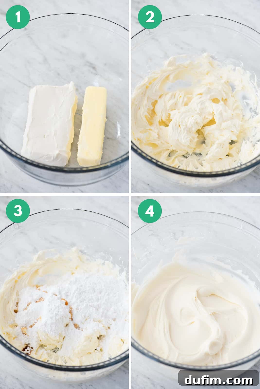 Homemade Cream Cheese Frosting Perfection 5 Collage showing the step-by-step process of making cream cheese frosting.