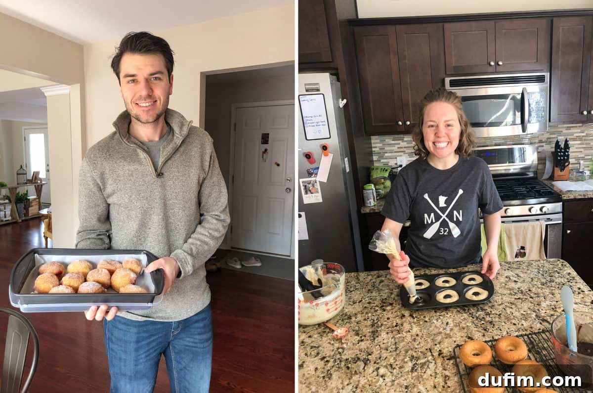 A vibrant collage showing homemade donuts, a beef stew, crafting supplies, and various home activities from March and April.