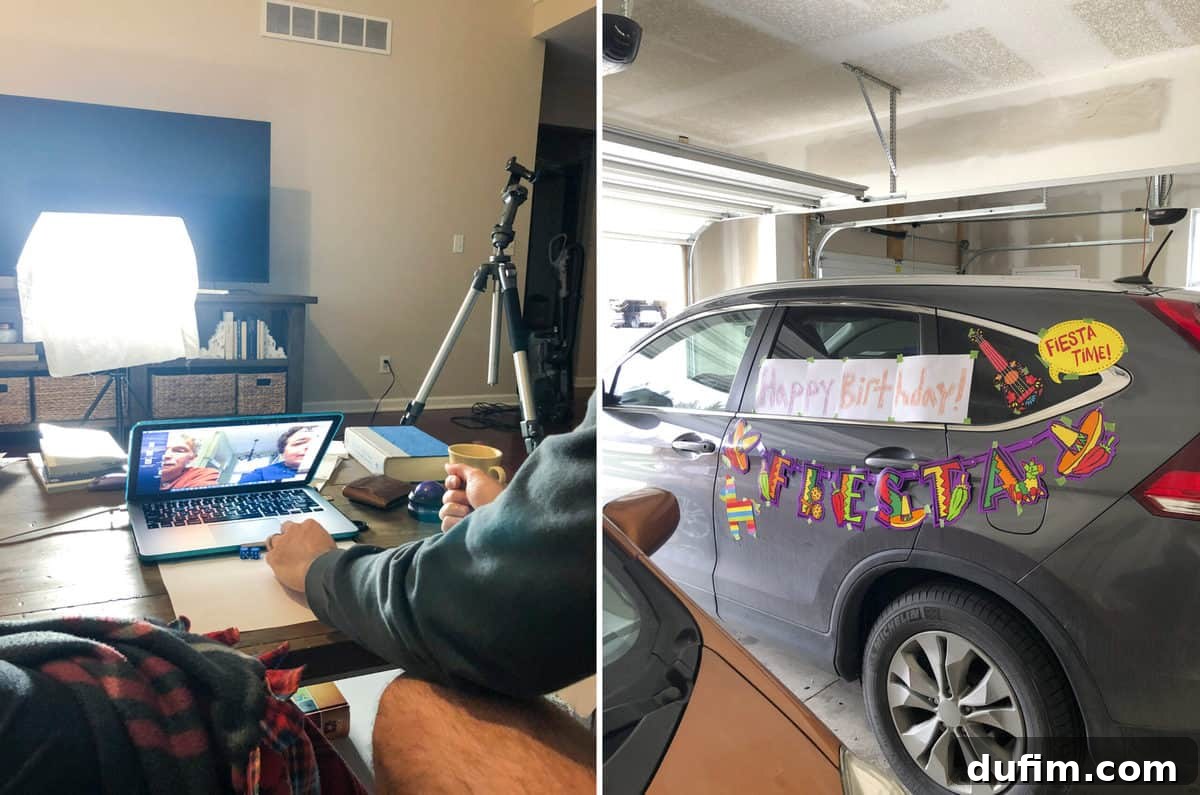 A vibrant drive-by birthday parade featuring cars decorated with balloons and banners, driving past a celebratory friend's home, capturing a moment of socially distanced joy.