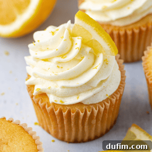Cupcakes with lemon frosting topped with fresh lemon slices and zest, illustrating the final dish.