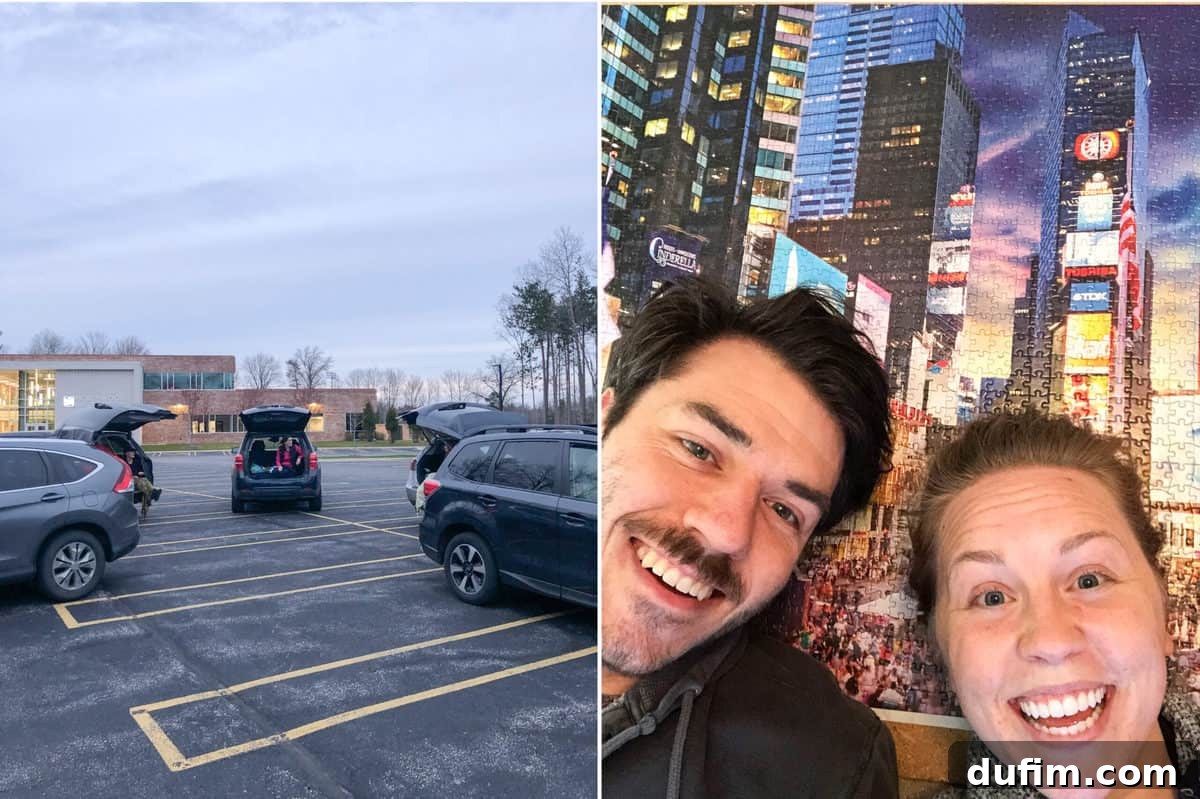Collage of friends gathering safely and a completed 2000-piece Times Square puzzle