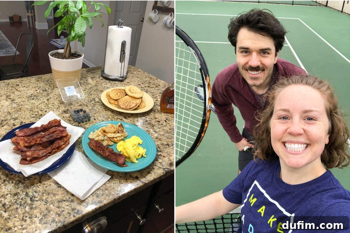 Delicious breakfast spread with pancakes, bacon, and eggs, alongside a tennis match on a sunny court in Michigan