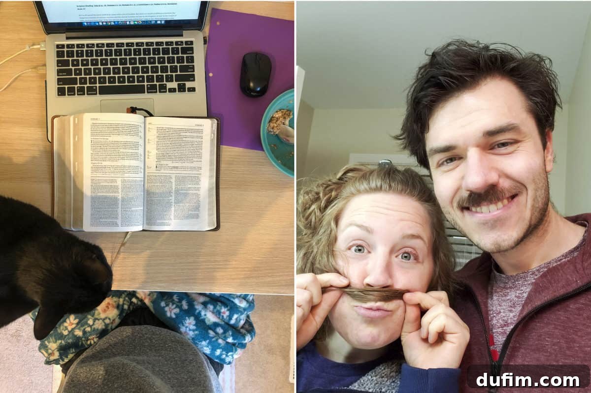 Cat Salsa snuggled on a desk during morning devotionals, and Ryan showing off his quarantine mustache