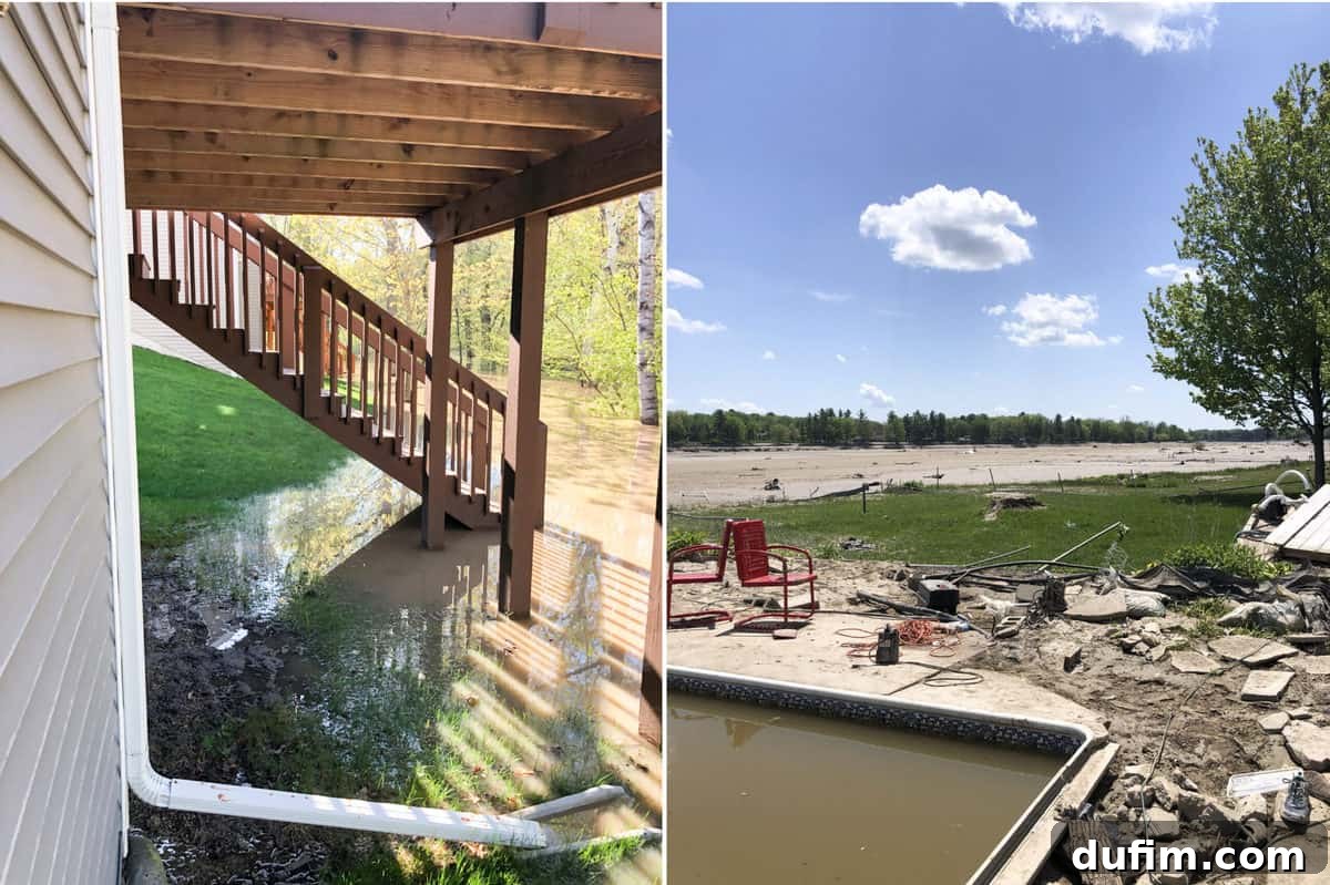 Two powerful images documenting the Michigan flood: floodwaters outside a basement walk-out and the devastated Sanford Lake area