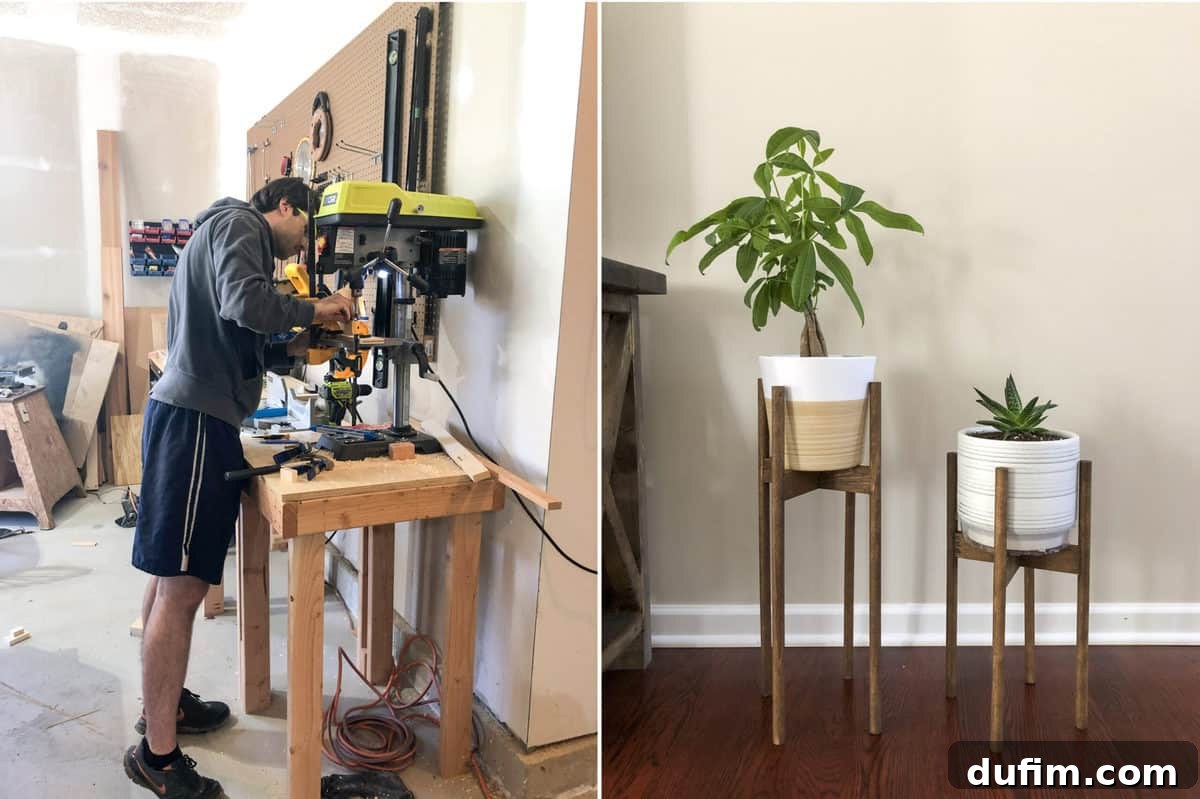 Ryan and the author proudly displaying their handcrafted modern plant stands