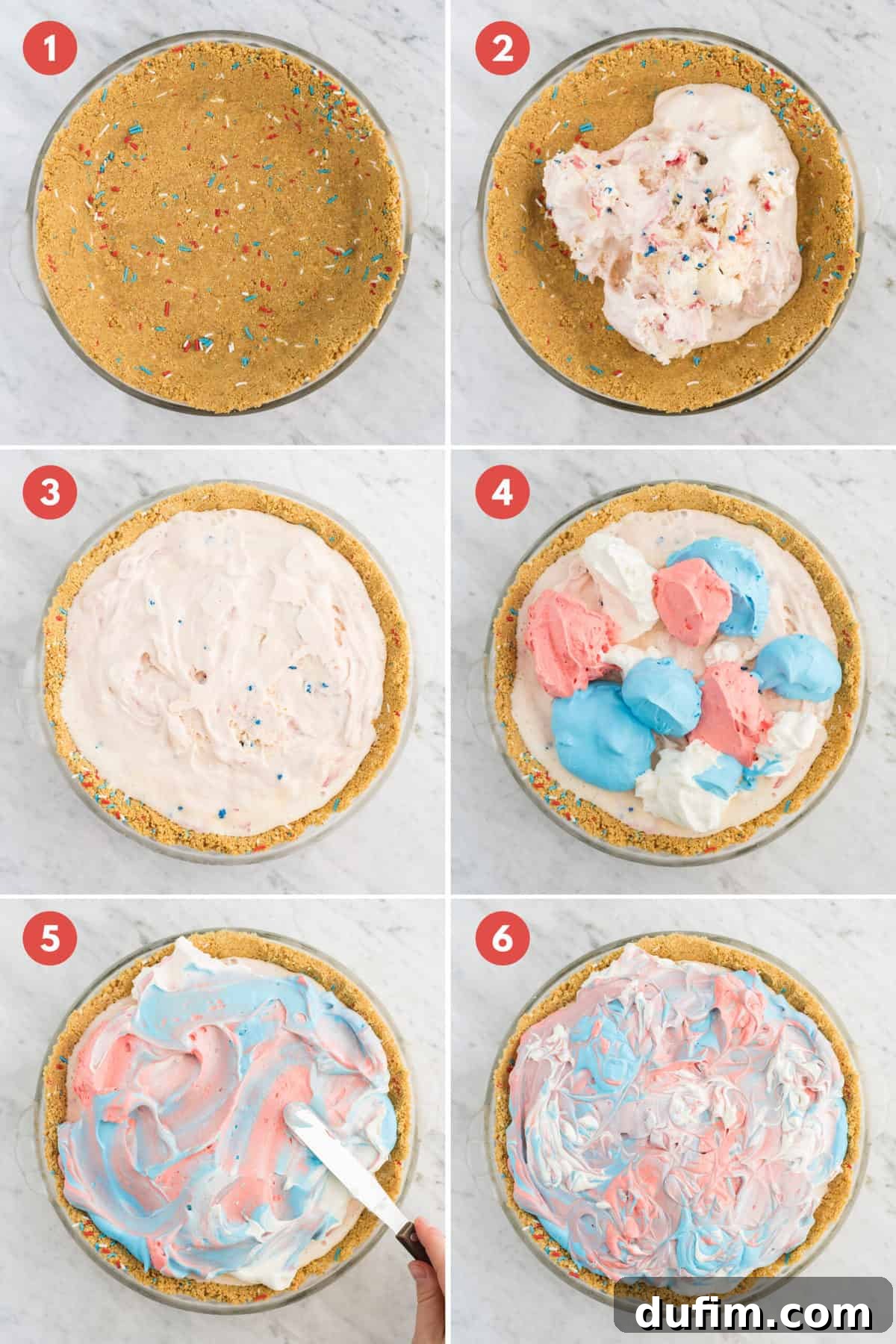 A visual collage showing step-by-step how to make a 4th of July red, white and blue ice cream pie, from crust preparation to final decoration.
