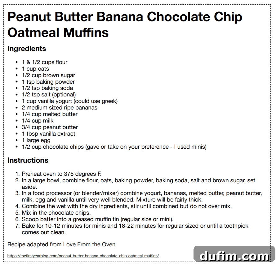 Close-up of ingredients for Peanut Butter Banana Chocolate Chip Oatmeal Muffins including oats, ripe bananas, and chocolate chips