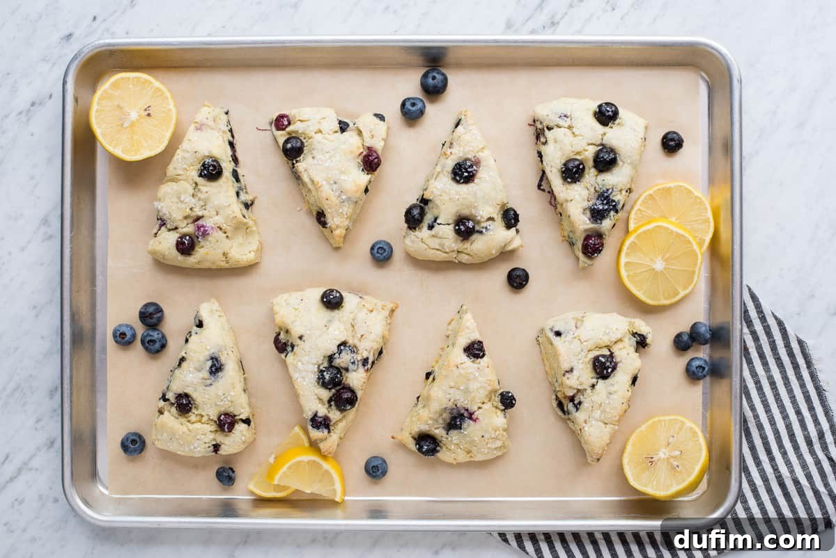 A vibrant close-up of lemon blueberry scones on brown parchment paper, adorned with fresh lemon slices and ripe blueberries, ready for serving.