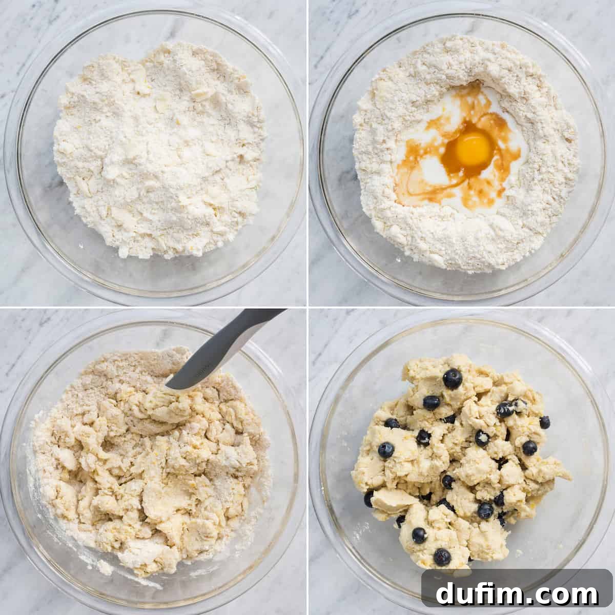 A visual collage demonstrating the key steps of making lemon blueberry scone dough, from combining ingredients to forming the disc, ensuring clarity for home bakers.