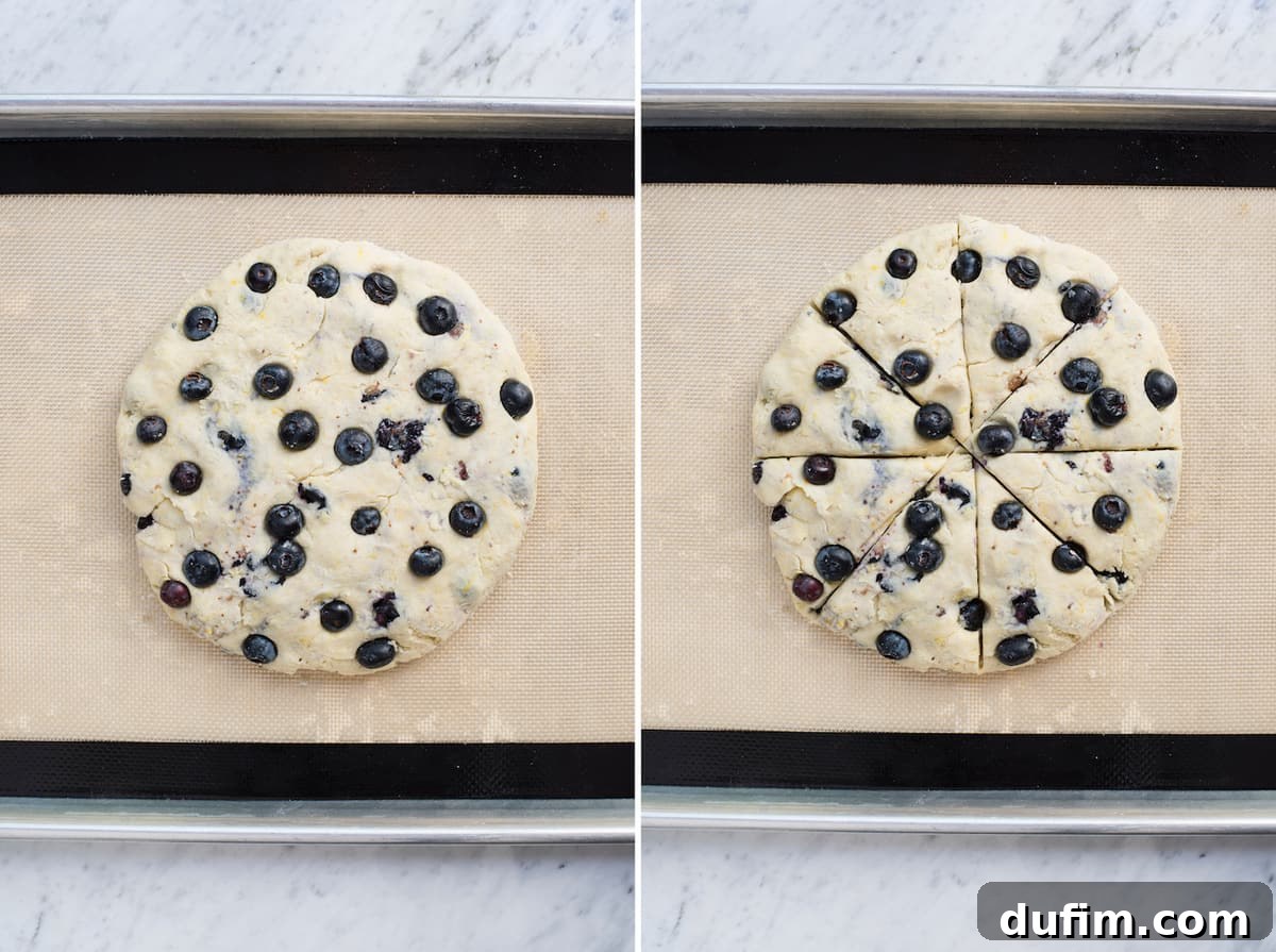 A collage showing the lemon blueberry scone dough formed into a flat disc before cutting, illustrating a crucial step in the preparation process.