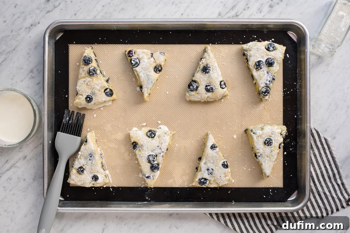 Lemon blueberry scones arranged on a baking sheet, brushed with a rich topping like heavy cream, ready for baking to achieve a golden, flaky crust.