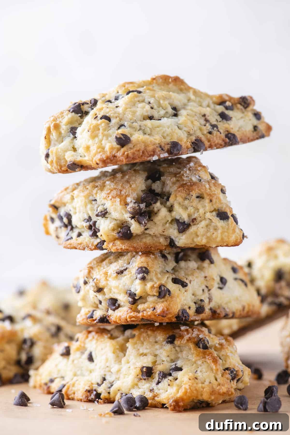 Gourmet Chocolate Chip Buttermilk Scones 15 Four chocolate chip scones stacked artfully on top of each other, creating a tempting tower of baked goodness.