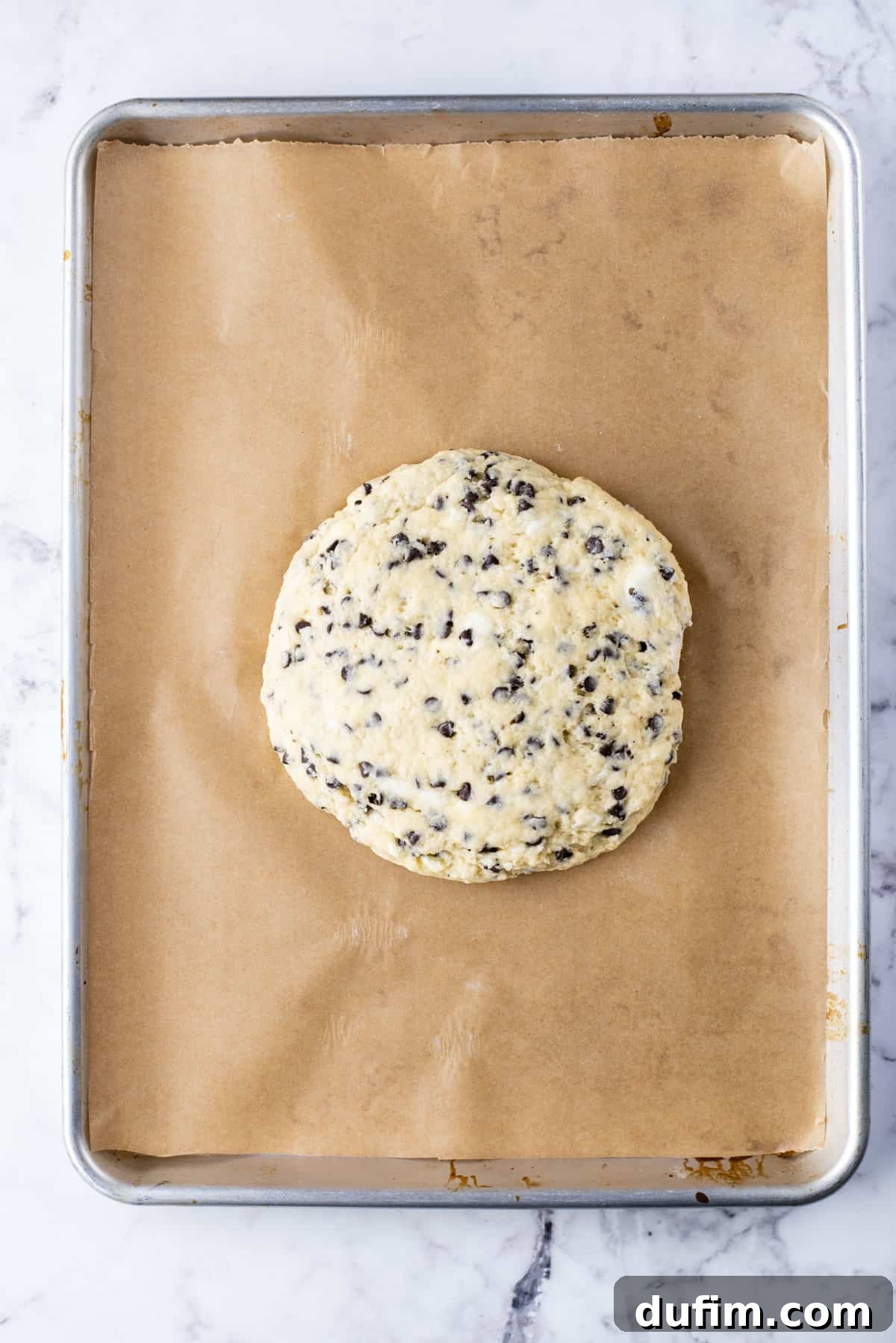 Gourmet Chocolate Chip Buttermilk Scones 10 A round disc of chocolate chip scone dough, approximately 1.5 to 2 inches thick, ready for cutting.