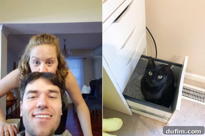 Cute pet cat Salsa peeking out from an open desk drawer in a home office setting, showing a playful moment.
