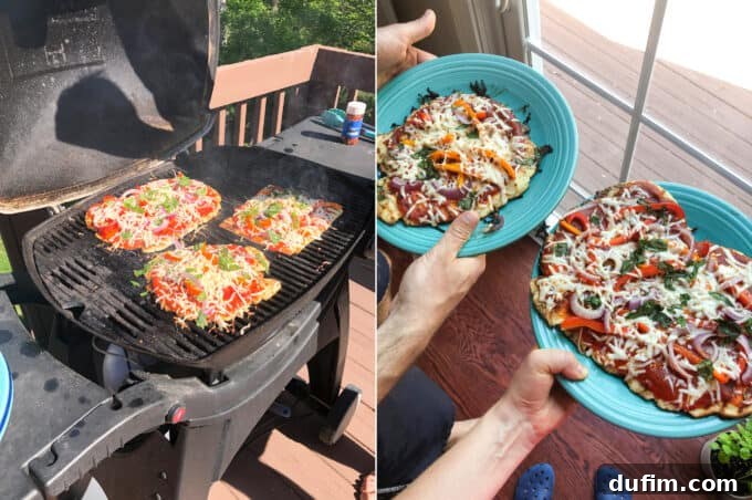 Delicious grilled pizza topped with fresh basil, recently discovered as a favorite anniversary dinner tradition.