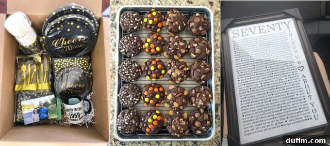 Thoughtful birthday box sent for a 70th birthday celebration, containing 'cheers to 70 years' themed party supplies and four types of cookies, alongside a framed list of 70 reasons for love.